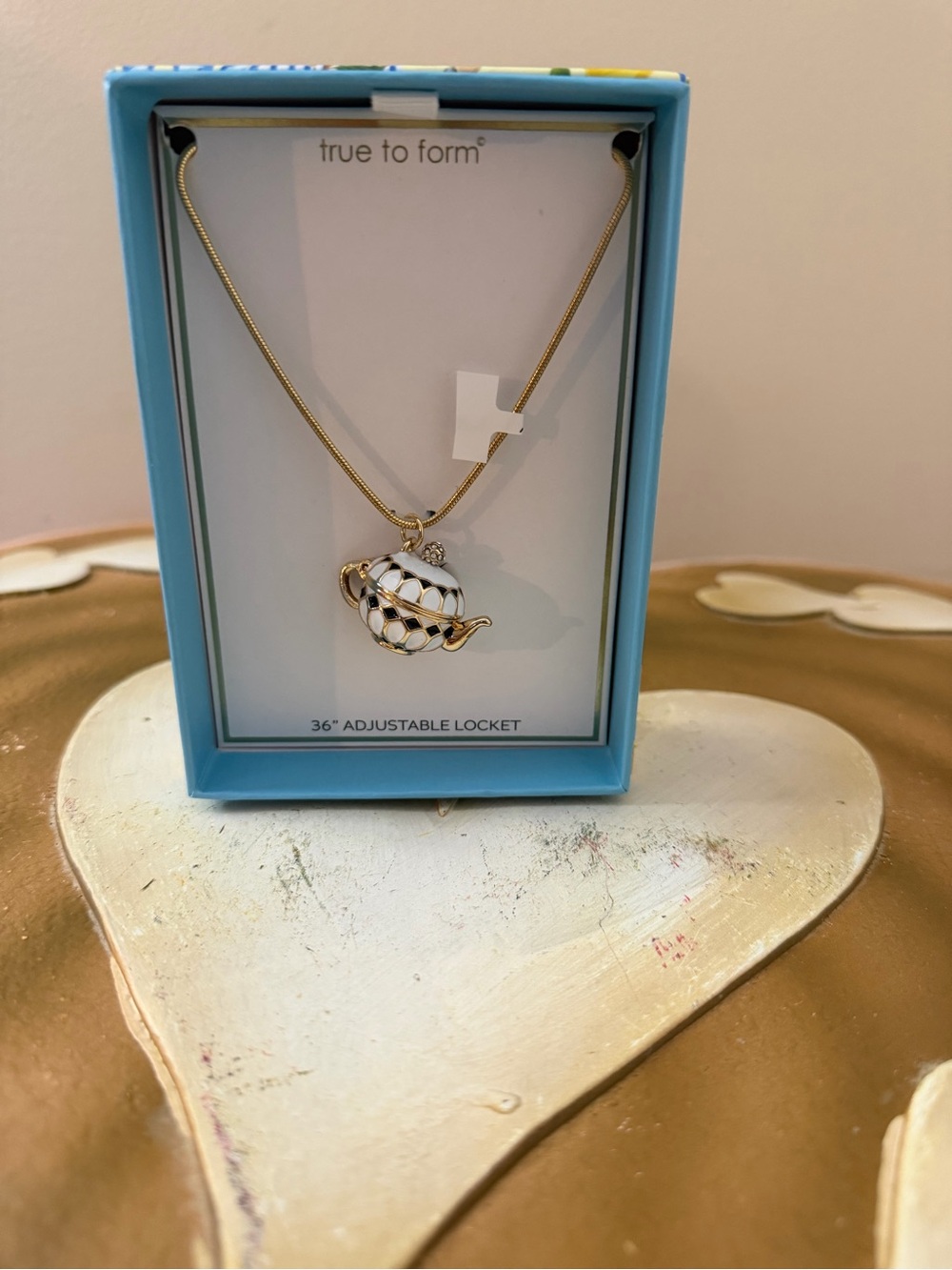 True To Form Gold and White Teapot Locket Charm Necklace